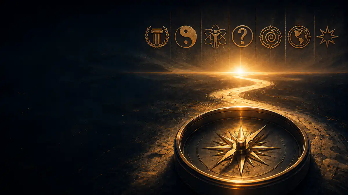 Goldener Kompass vor einem leuchtenden Pfad mit Symbolen verschiedener philosophischer und spiritueller Weltanschauungen