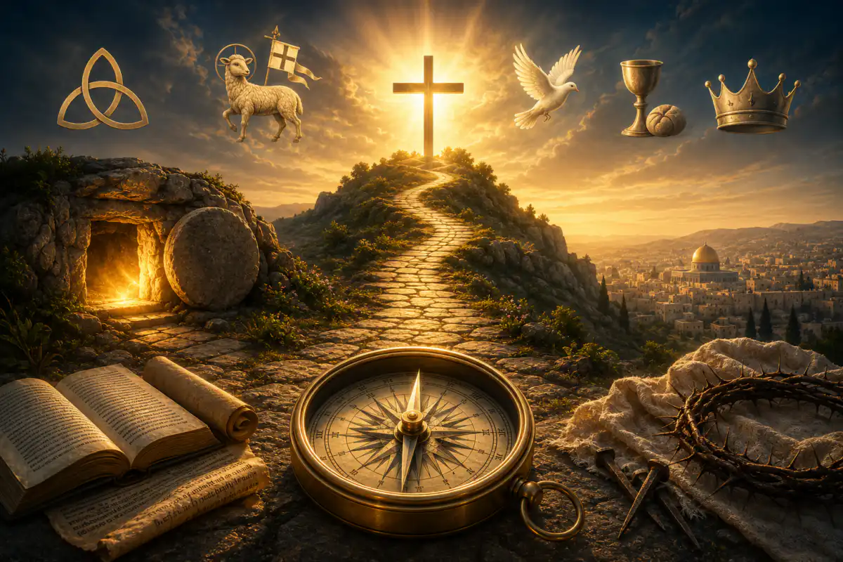 Goldener Kompass vor einem Weg zum leuchtenden Kreuz mit leerem Grab, Bibel und Symbolen der Auferstehung